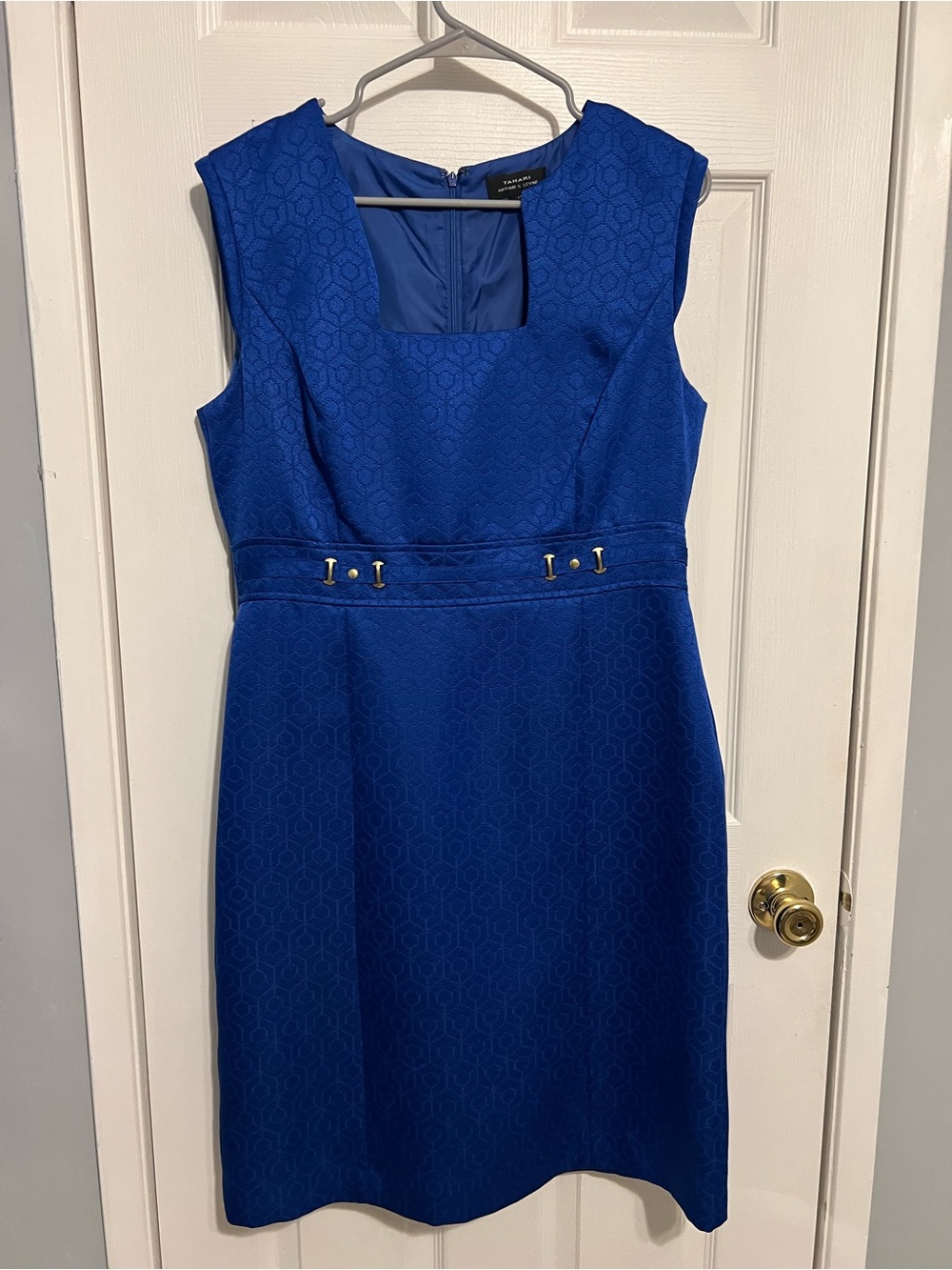 Royal Blue Sleeveless Sheath Dress with Gold Waist Defail